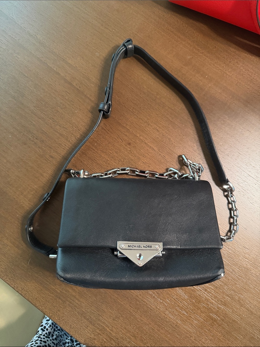 Michael Kors Black Leather Crossbody with Silver Chain Trim